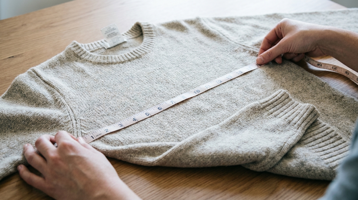 Hands measure the chest width of a second-hand knit while the physical size label remains visible