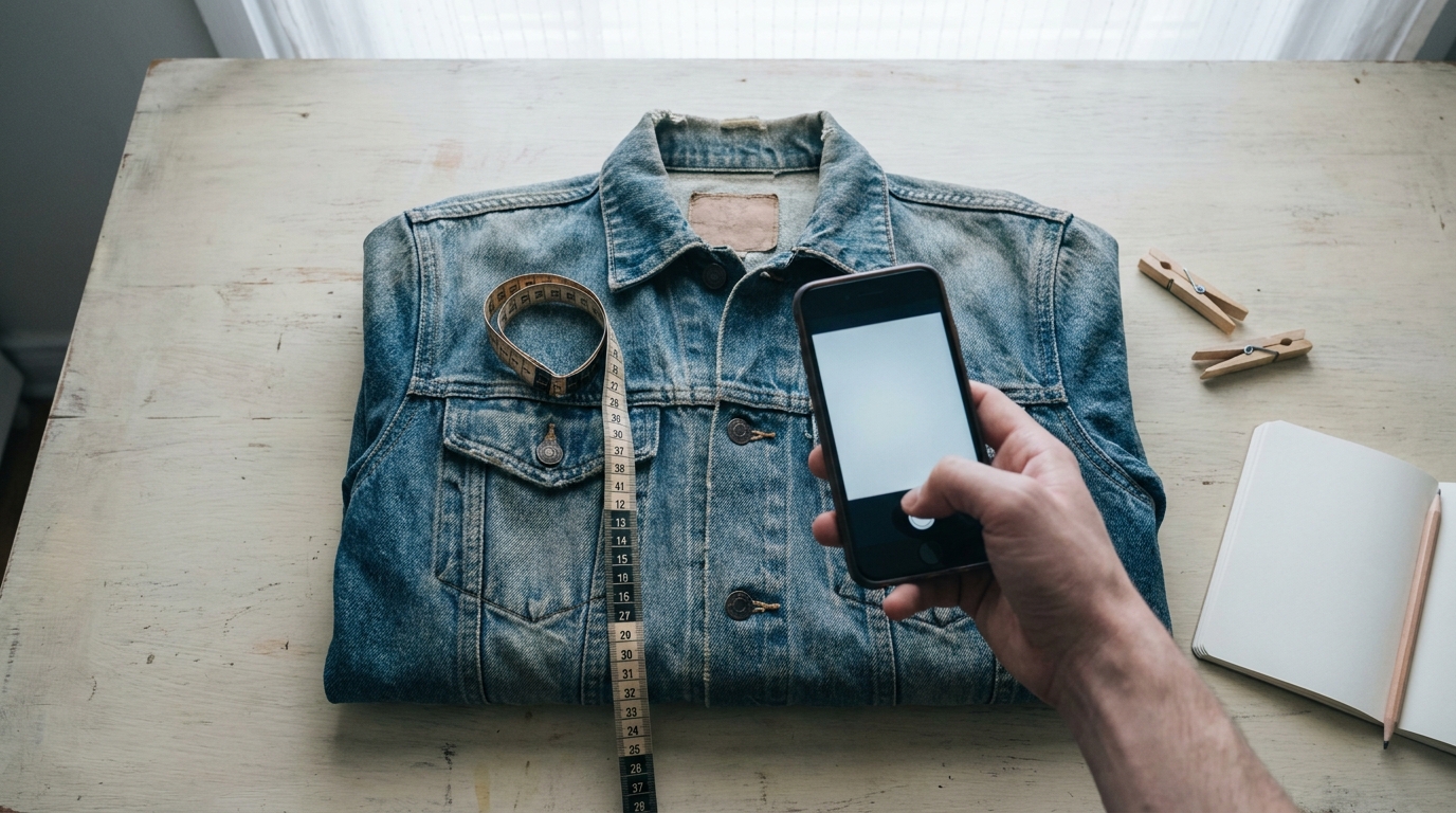 A folded second-hand denim jacket photographed top down with a tape measure next to it for a listing.