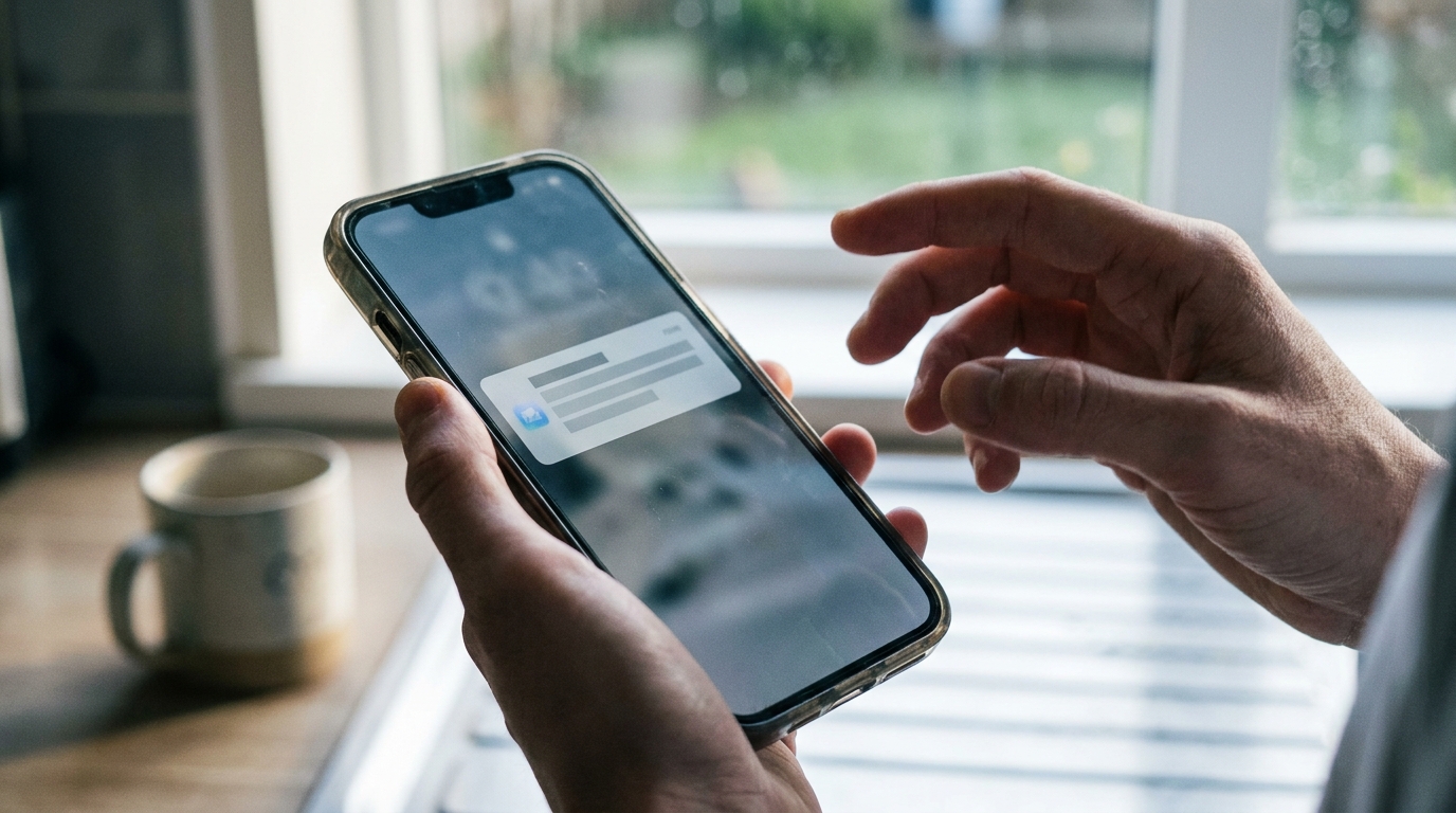 A hand reaching to tap a fresh new-listing notification on a phone.