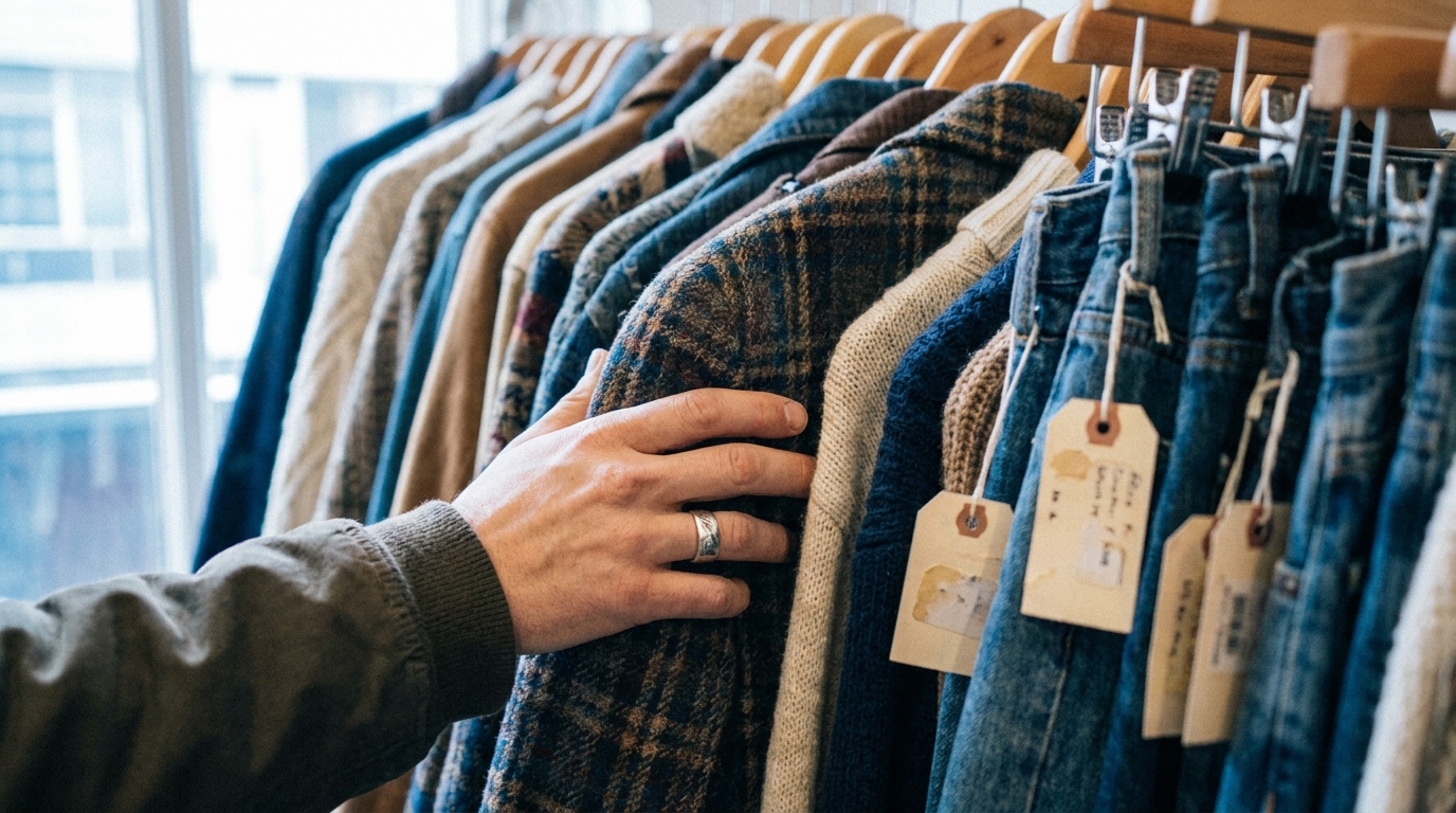 A hand flicking through a packed rail of second-hand clothes with paper price tags.