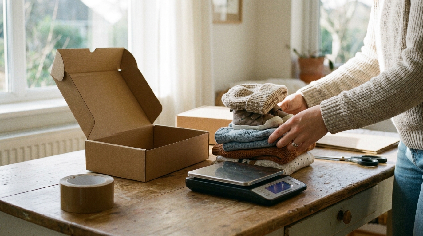 A seller weighing a bundle of second-hand clothes and shoes before packing it into one parcel.