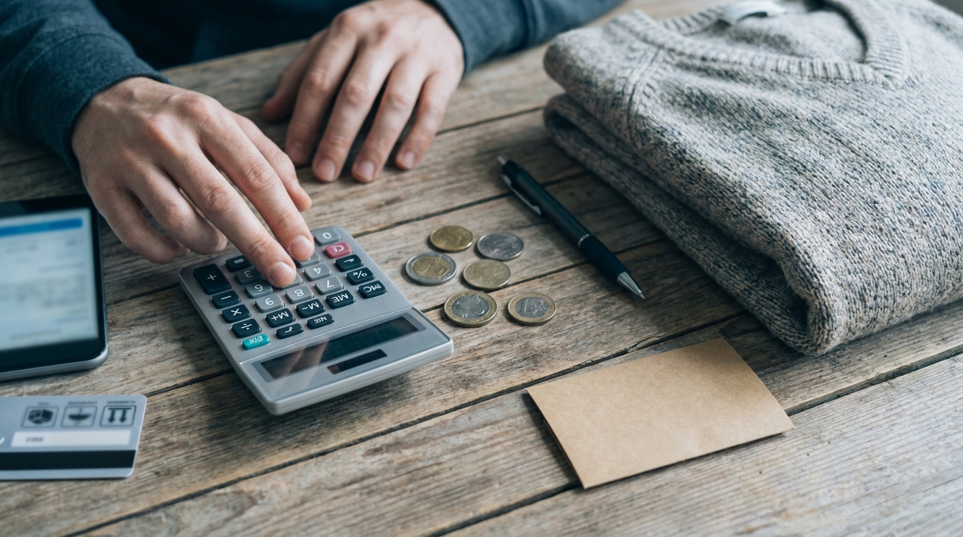 Hands using a calculator beside a folded second-hand jumper, coins and a blurred checkout screen.