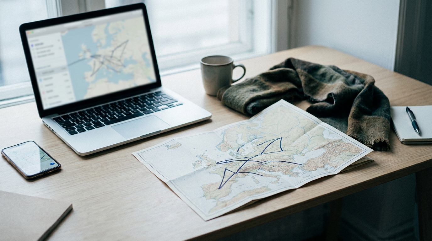 A laptop, phone and paper map of Europe used to plan nearby Vinted seller-country filters.
