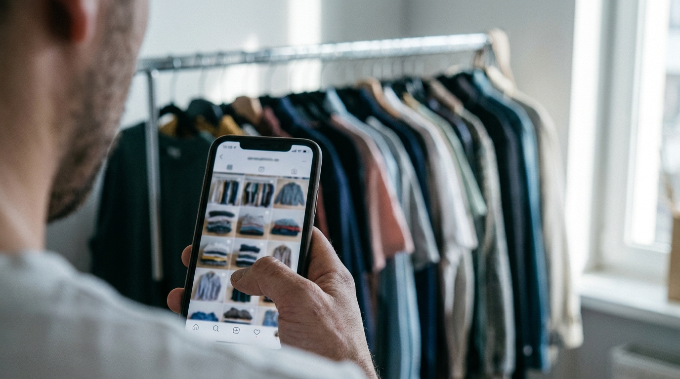 A buyer scrolls through a long grid of second-hand listings beside a crowded clothing rail