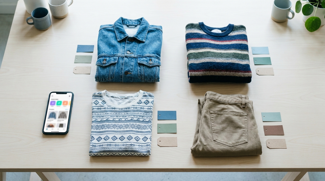 Second-hand clothes sorted beside a phone showing category, brand, size and color filters